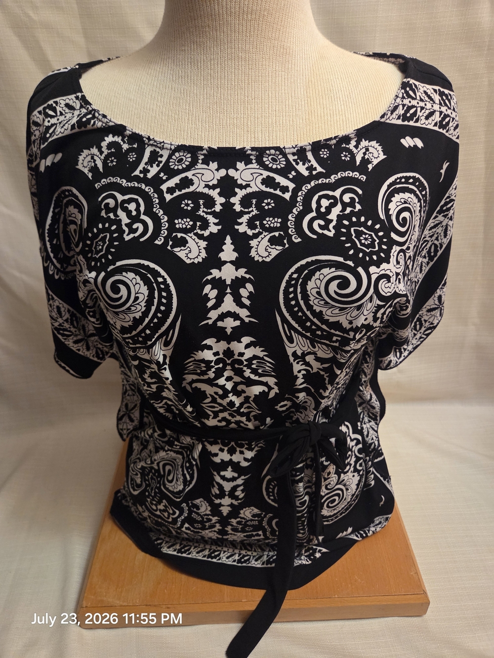 Wrapper Black and White Paisley Tie-Waist Blouse